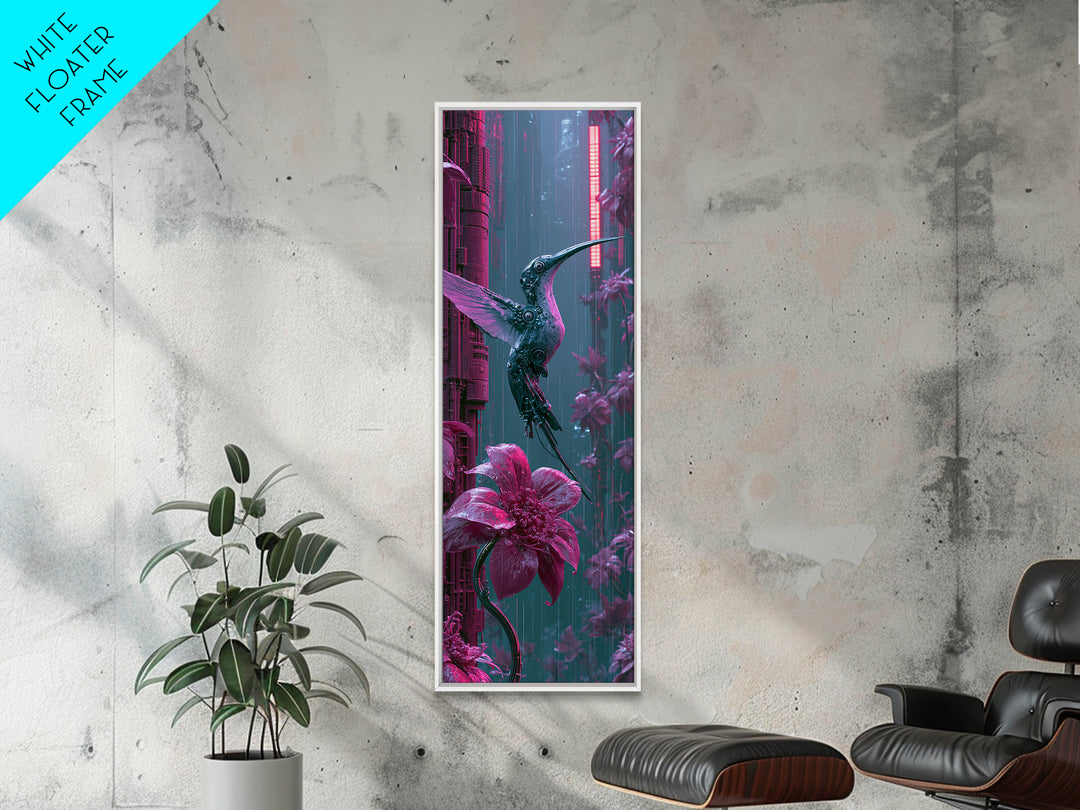 Mechanical Hummingbird Hovering Near Flower Framed Canvas Print, Steampunk Art, Wall Art, Living Room Decor, Watercolor Art, STE-1x3-69