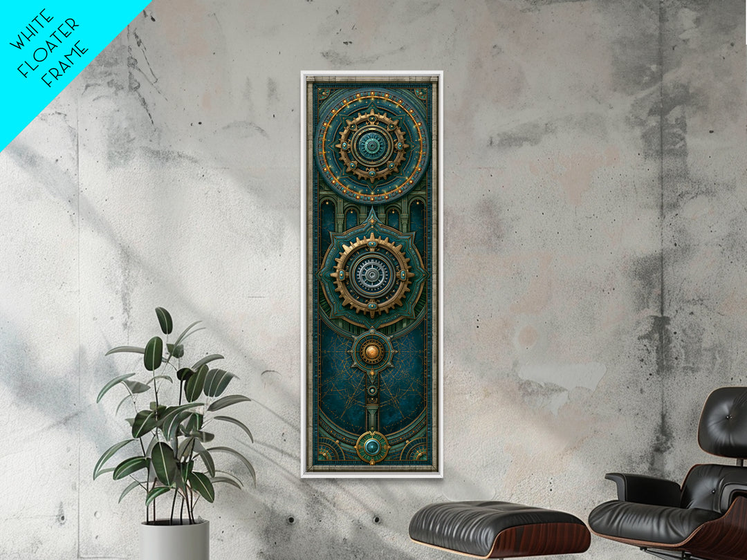 Cogwheel Mandala in Bronze and Teal Framed Canvas Print, Steampunk Art, Cat Art, Living Room Decor, Oil Painting, Mechanic, STE-1x3-76