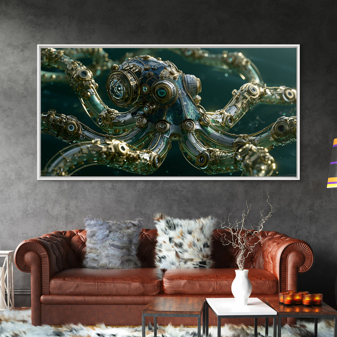 Steampunk Octopus with Brass Tentacles Framed Canvas Print, Steampunk Art, Steampunk, Living Room Decor, Fine Art, Mechanic, STE-2x1-1