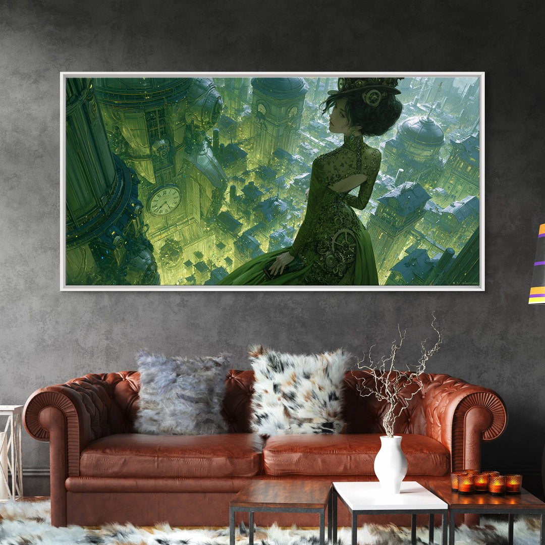Victorian Lady with Clockwork Dress Details Framed Canvas Print, Steampunk Art, Art Print, Living Room Decor, Mechanic, STE-2x1-13