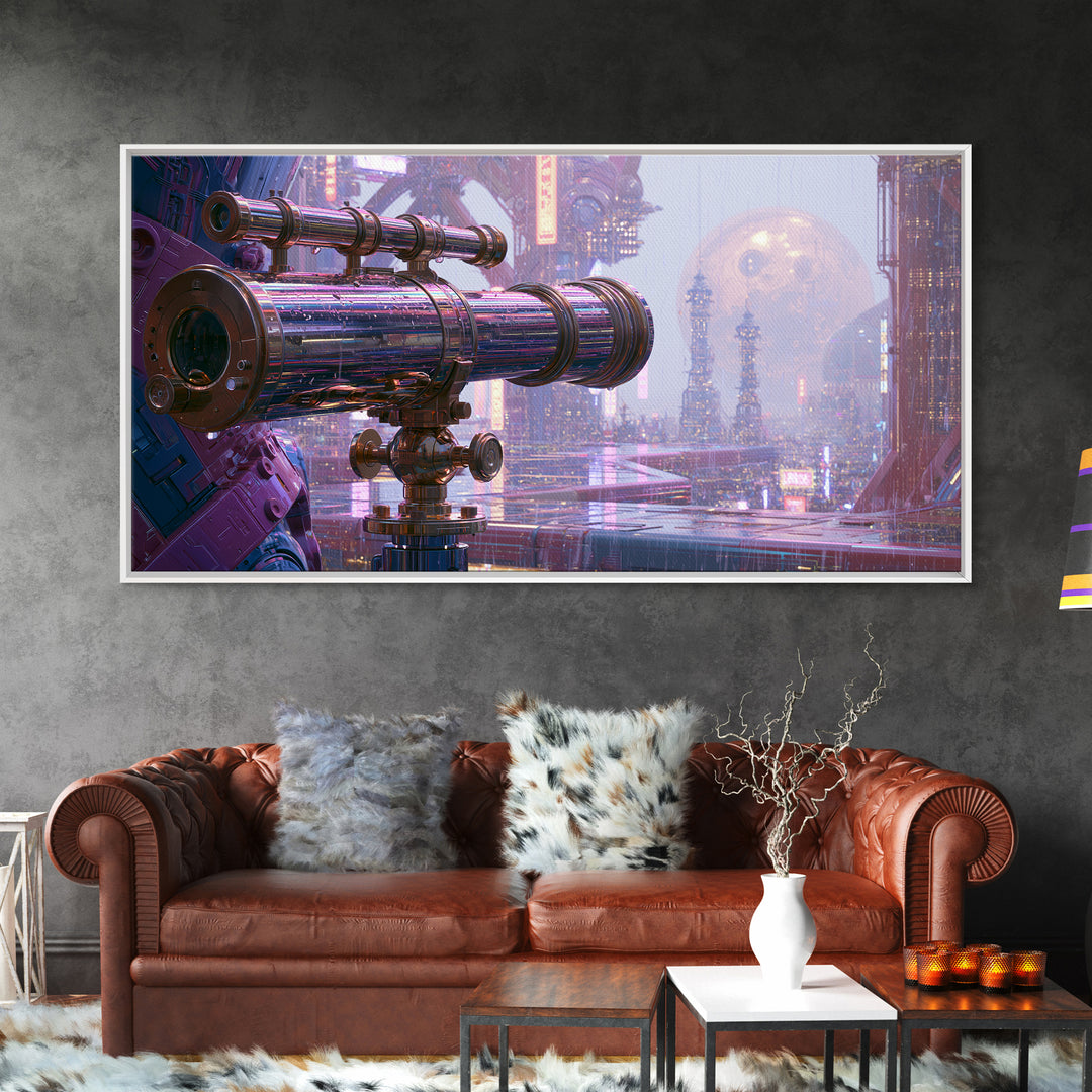 Brass Telescope Aimed at Copper Moon Framed Canvas Print, Steampunk Art, Statement Artwork, Living Room Decor, Mechanic, STE-2x1-20