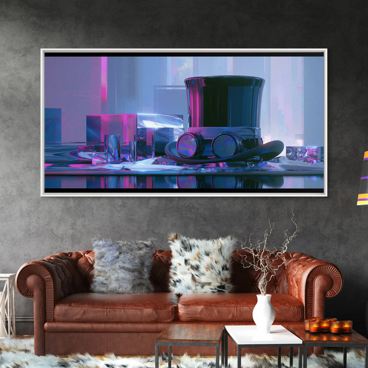 Top Hat and Goggles Still Life Framed Canvas Print, Steampunk Art, Minimalist Decor, Living Room Decor, Fine Art, Mechanic, STE-2x1-24