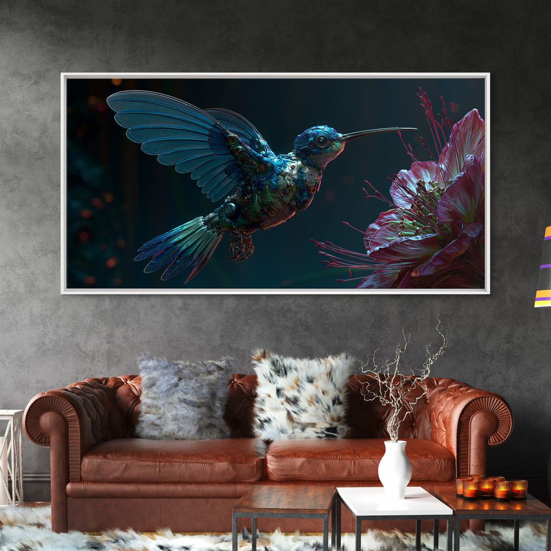 Mechanical Hummingbird Hovering Near Flower Canvas Print, Steampunk Art, Original Art, Living Room Decor, Mechanic, Dark Art, STE-2x1-29