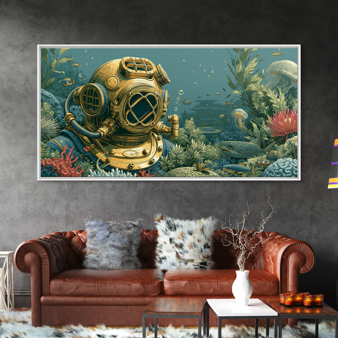Brass Diving Helmet Canvas Print, Steampunk Art, Wall Art, Living Room Decor, Oil Painting, Mechanic, Ai Art, Digital Print, STE-2x1-32