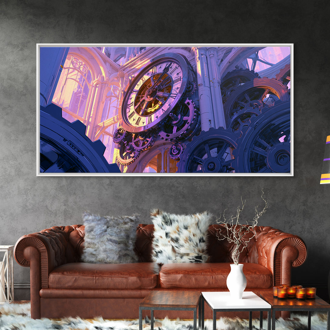 Clock Tower Gears Framed Canvas Print, Steampunk Art, Halloween Decor, Living Room Decor, Fine Art, Mechanic, Boho Wall Art, STE-2x1-33