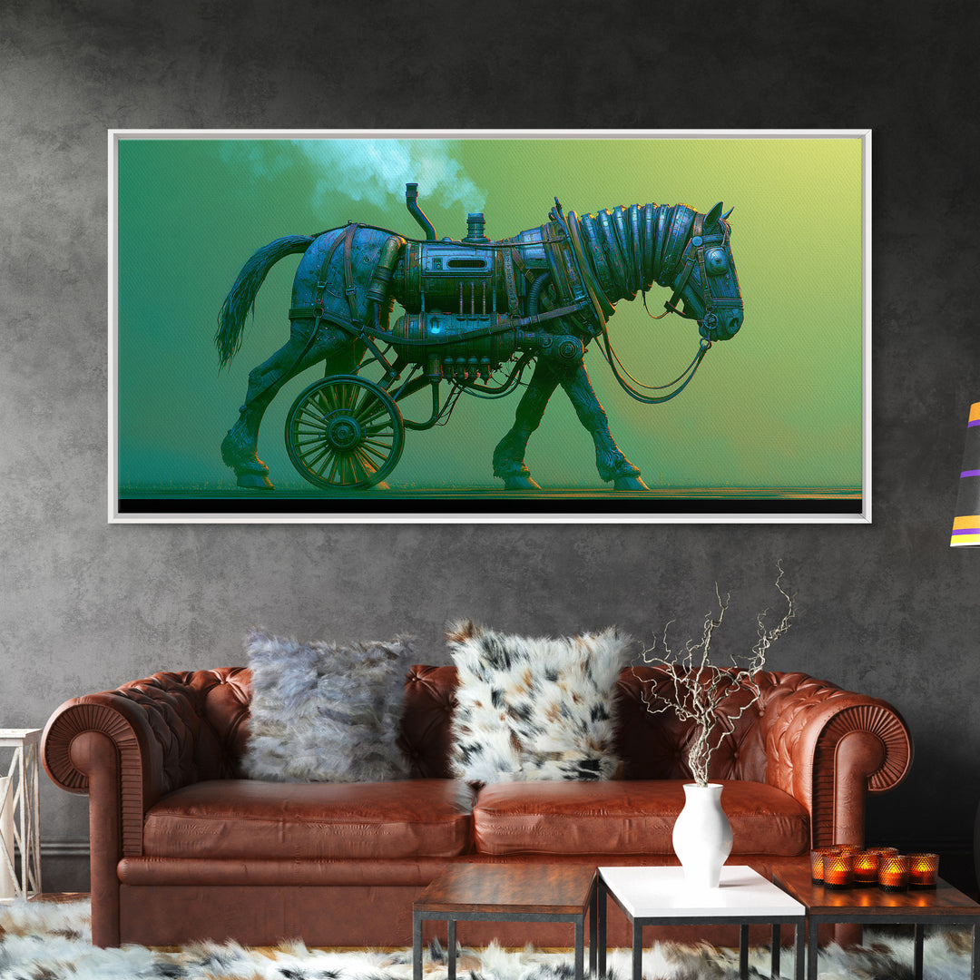 Steam Powered Horse Framed Canvas Print, Steampunk Art, Wall Art, Living Room Decor, Oil Painting, Mechanic, Ai Art, STE-2x1-35