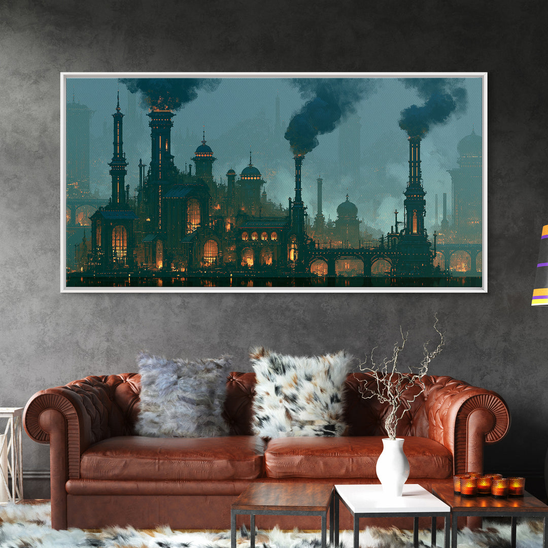 Steam Powered City Skyline Canvas Print, Steampunk Art, Digital Art, Living Room Decor, Abstract Art, Mechanic, Wall Art Print, STE-2x1-41