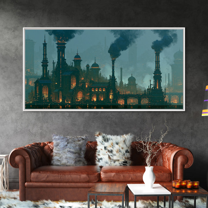 Steam Powered City Skyline Canvas Print, Steampunk Art, Digital Art, Living Room Decor, Abstract Art, Mechanic, Wall Art Print, STE-2x1-41