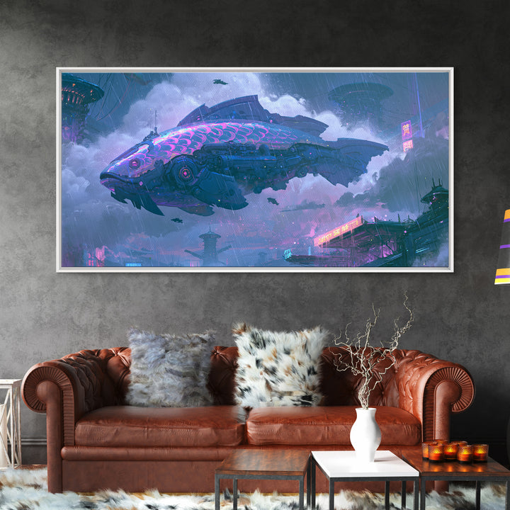 Mechanical Fish Swimming Through Clouds Framed Canvas Print, Steampunk Art, Room Decor, Living Room Decor, Fine Art, Mechanic, STE-2x1-42
