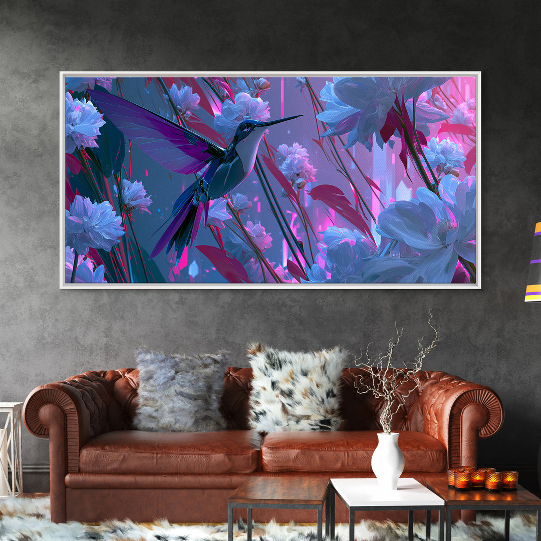 Mechanical Hummingbird Hovering Near Flower Canvas Print, Steampunk Art, Original Art, Living Room Decor, Mechanic, Dark Art, STE-2x1-5