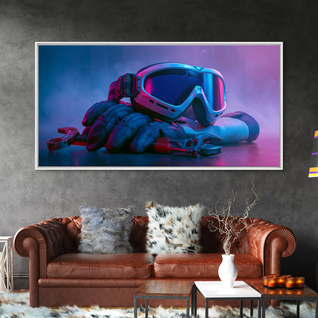 Goggles Gloves and Wrench Still Life Framed Canvas Print, Steampunk Art, Gallery Decor, Living Room Decor, Fine Art, Mechanic, STE-2x1-67