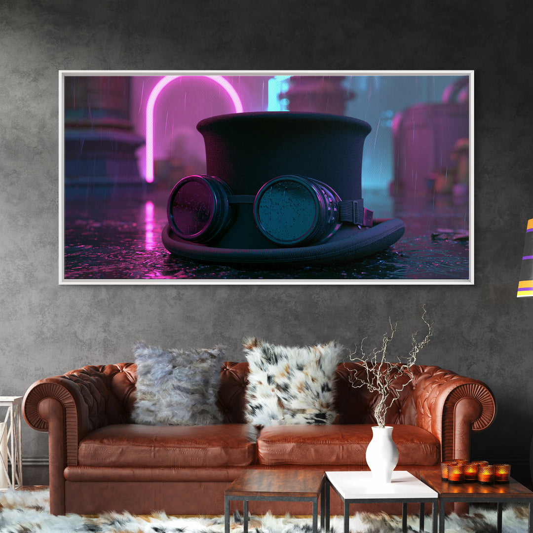 Top Hat and Goggles Still Life Framed Canvas Print, Steampunk Art, Art Nouveau, Living Room Decor, Fine Art, Mechanic, STE-2x1-72