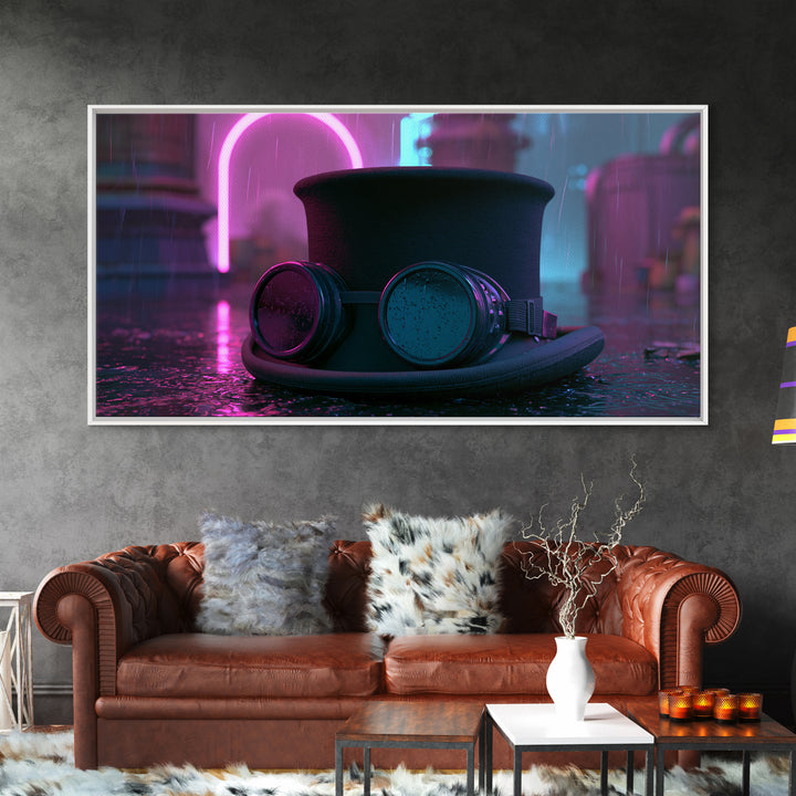 Top Hat and Goggles Still Life Framed Canvas Print, Steampunk Art, Art Nouveau, Living Room Decor, Fine Art, Mechanic, STE-2x1-72