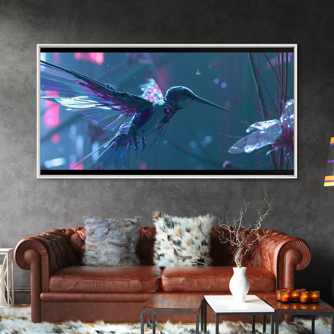 Mechanical Hummingbird Hovering Near Flower Canvas Print, Steampunk Art, Printable Art, Living Room Decor, Watercolor Art, STE-2x1-77