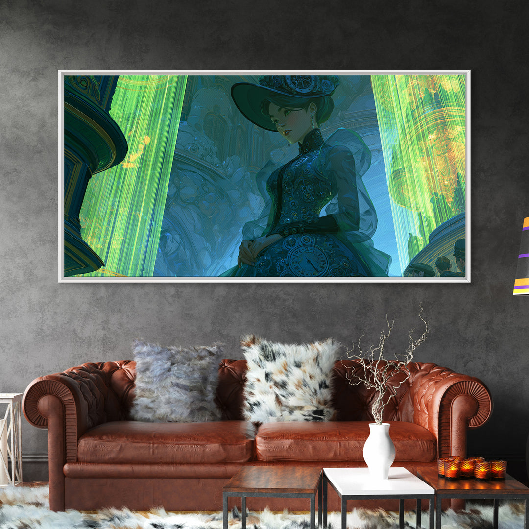 Victorian Lady with Clockwork Dress Details Framed Canvas Print, Steampunk Art, Boho Wall Art, Living Room Decor, Mechanic, STE-2x1-85