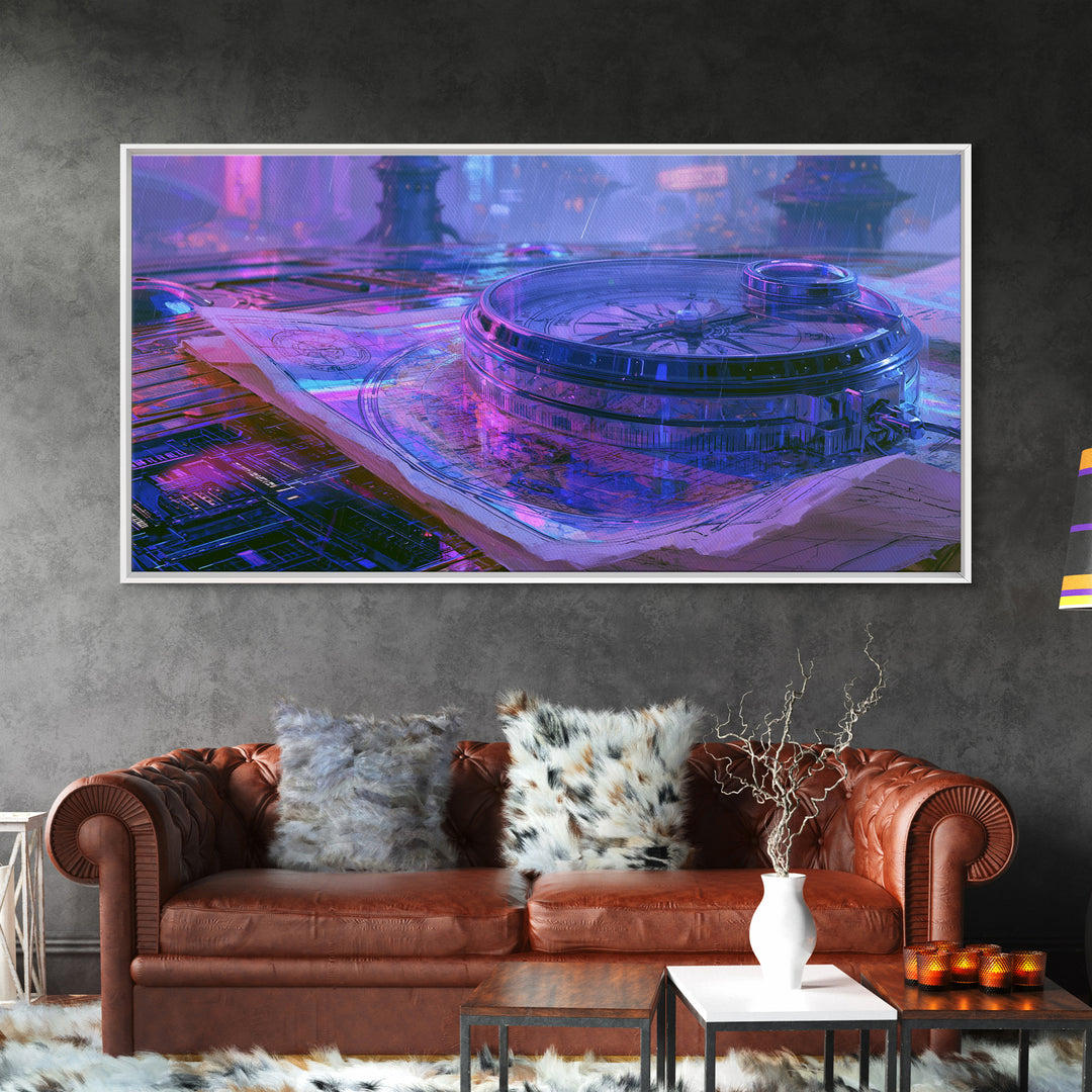 Airship Captain Map and Compass Still Life Framed Canvas Print, Steampunk Art, Digital Art, Living Room Decor, Mechanic, STE-2x1-86