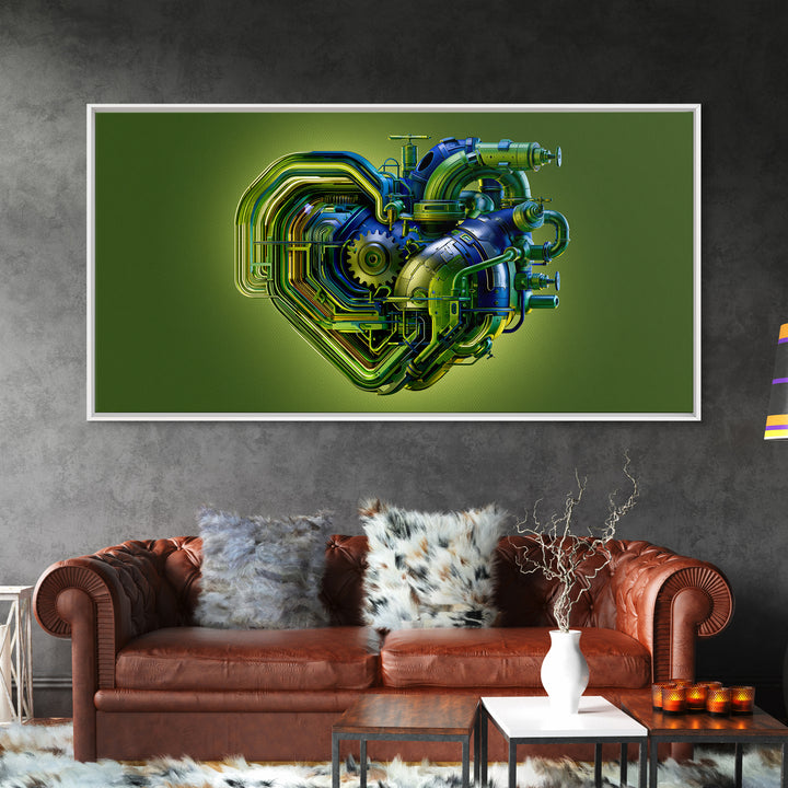 Gear Heart with Pipes and Valves Framed Canvas Print, Steampunk Art, Digital Print, Living Room Decor, Fine Art, Mechanic, STE-2x1-88