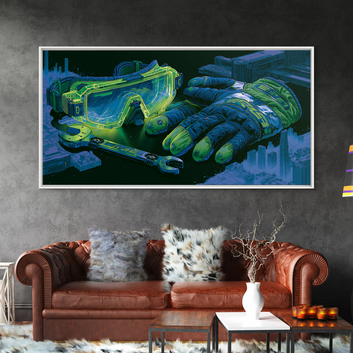 Goggles Gloves and Wrench Still Life Framed Canvas Print, Steampunk Art, Abstract Art, Living Room Decor, Fine Art, Mechanic, STE-2x1-91