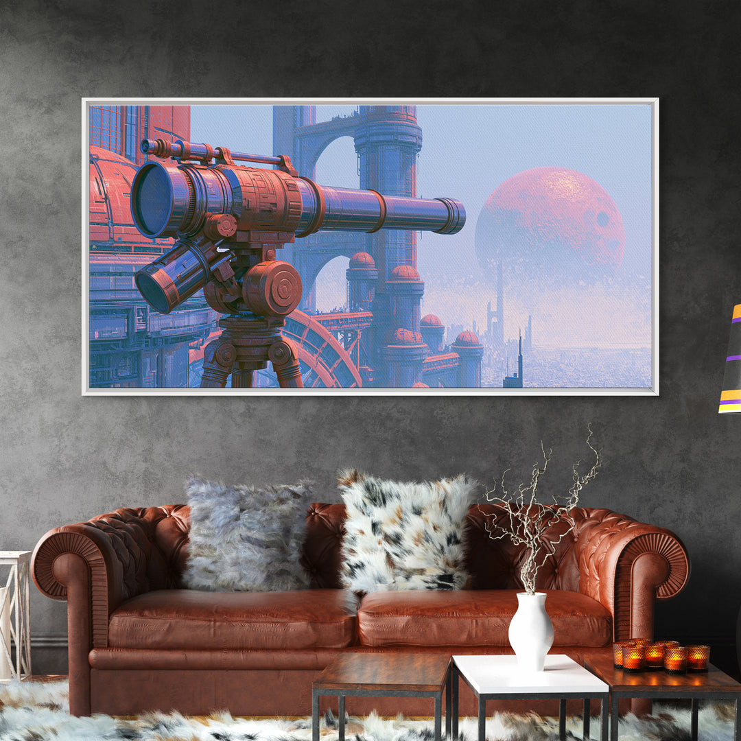 Brass Telescope Aimed at Copper Moon Framed Canvas Print, Steampunk Art, Printable Art, Living Room Decor, Oil Painting, STE-2x1-92