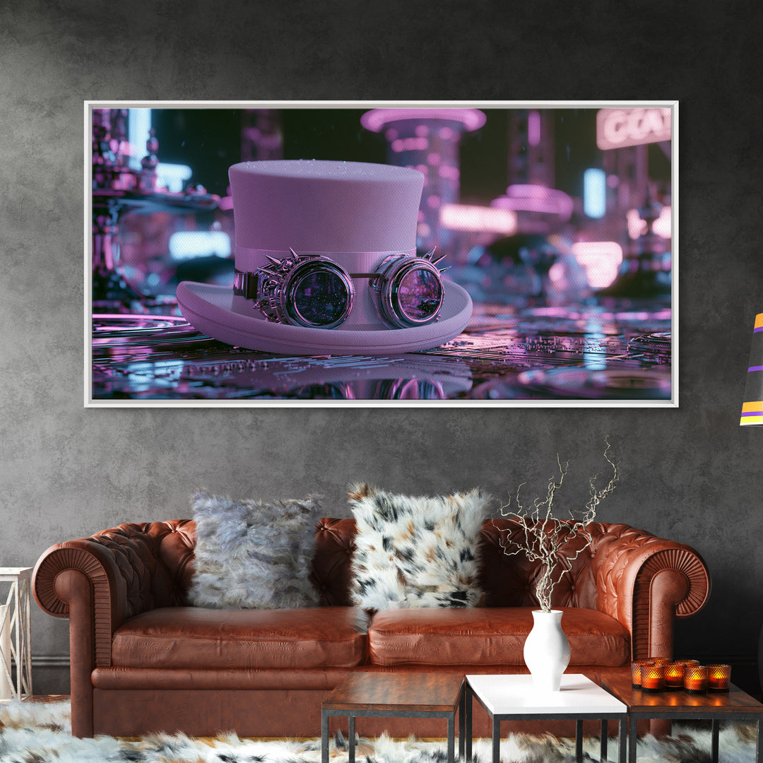Top Hat and Goggles Still Life Framed Canvas Print, Steampunk Art, Cat Art, Living Room Decor, Oil Painting, Mechanic, STE-2x1-96