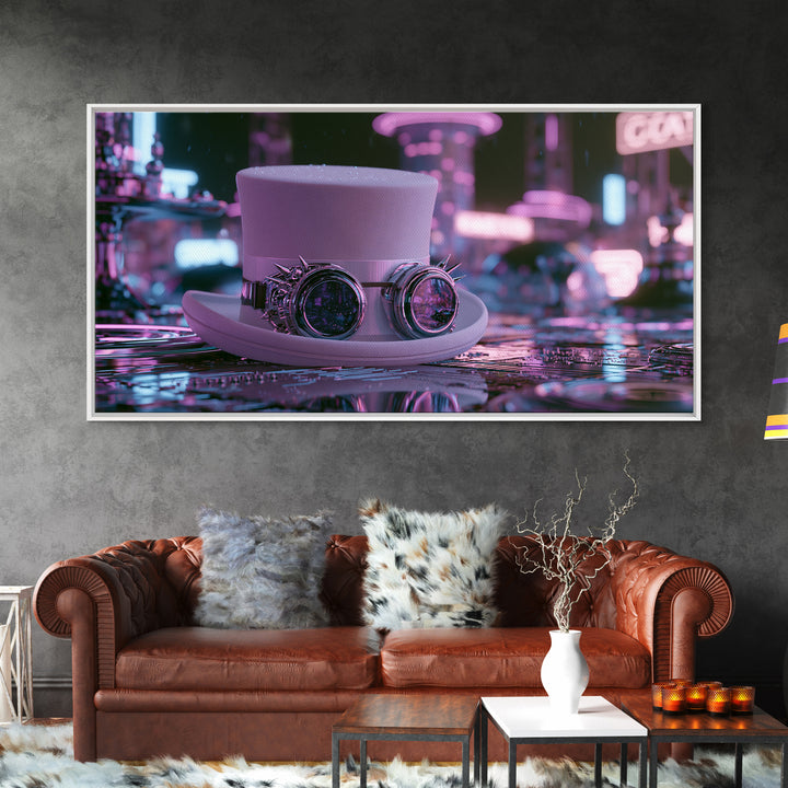 Top Hat and Goggles Still Life Framed Canvas Print, Steampunk Art, Cat Art, Living Room Decor, Oil Painting, Mechanic, STE-2x1-96