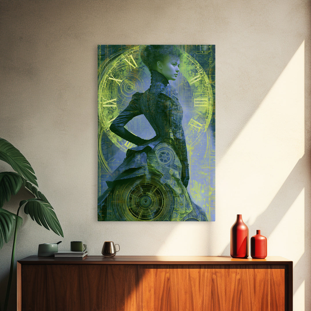 Victorian Lady with Clockwork Dress Details Framed Canvas Print, Steampunk Art, Steampunk, Living Room Decor, Mechanic, STE-2x3-1