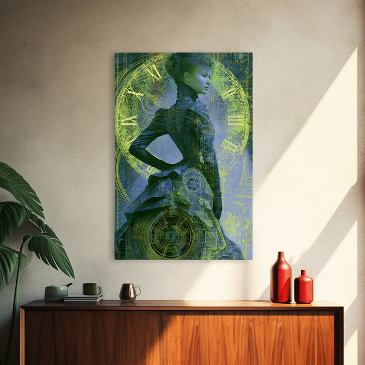 Victorian Lady with Clockwork Dress Details Framed Canvas Print, Steampunk Art, Steampunk, Living Room Decor, Mechanic, STE-2x3-1
