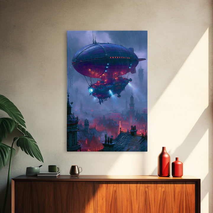 Airship Floating Above Victorian City Roofs Canvas Print, Steampunk Art, Contemporary Art, Living Room Decor, Mechanic, STE-2x3-10