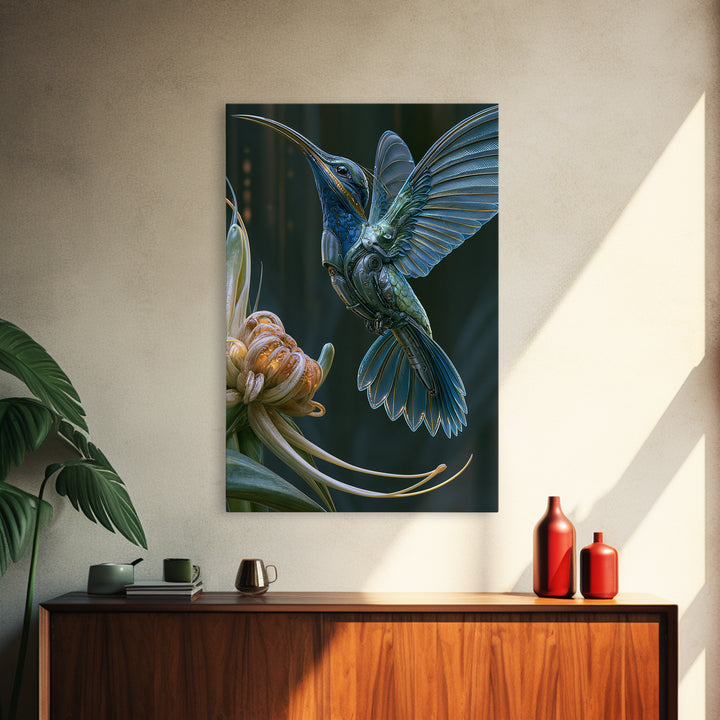 Mechanical Hummingbird Hovering Near Flower Framed Canvas Print, Steampunk Art, Canvas Art, Living Room Decor, Mechanic, STE-2x3-17