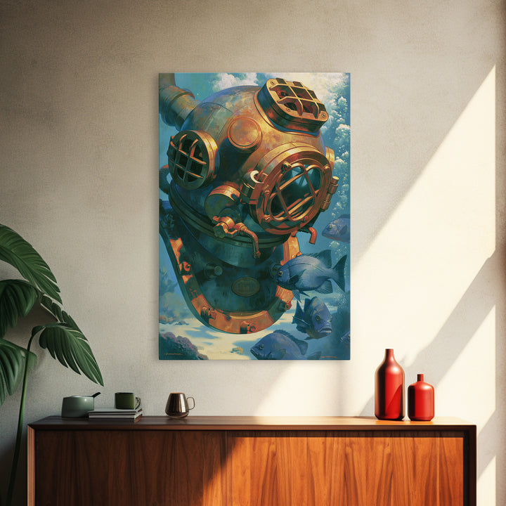 Brass Diving Helmet Framed Canvas Print, Steampunk Art, Printable Art, Living Room Decor, Oil Painting, Mechanic, STE-2x3-20