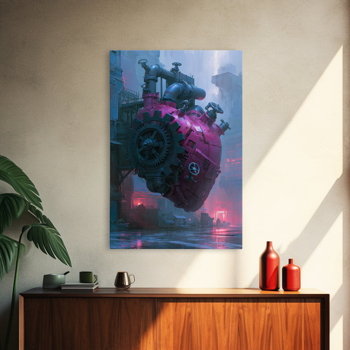 Gear Heart with Pipes and Valves Framed Canvas Print, Steampunk Art, Modern Art, Living Room Decor, Fine Art, Mechanic, STE-2x3-28