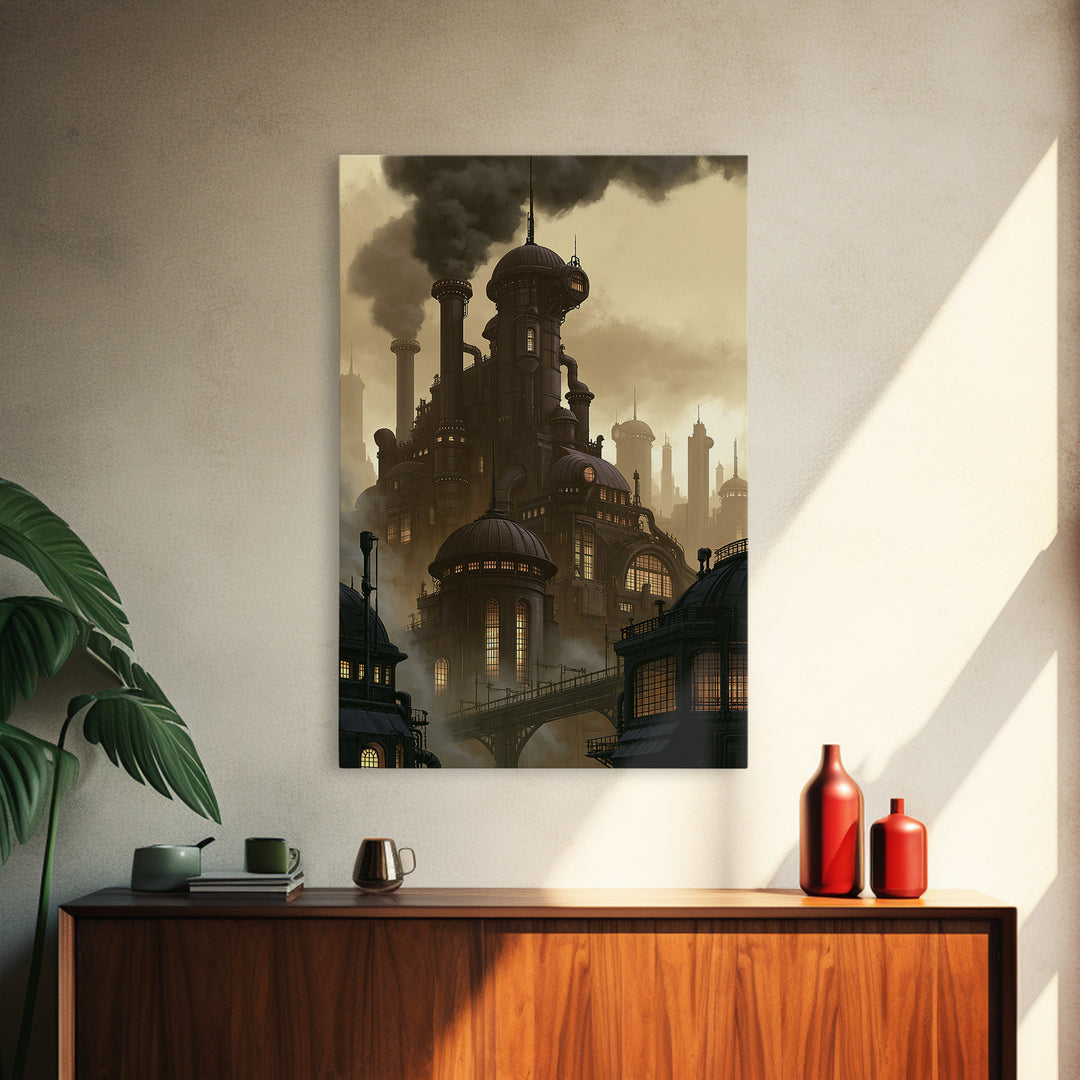Steam Powered City Skyline Canvas Print, Steampunk Art, Original Art, Living Room Decor, Abstract Art, Mechanic, Cat Art, STE-2x3-29