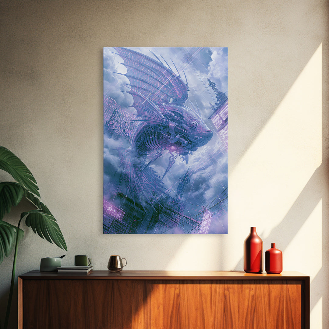 Mechanical Fish Swimming Through Clouds Framed Canvas Print, Steampunk Art, Minimalist Decor, Living Room Decor, Mechanic, STE-2x3-30