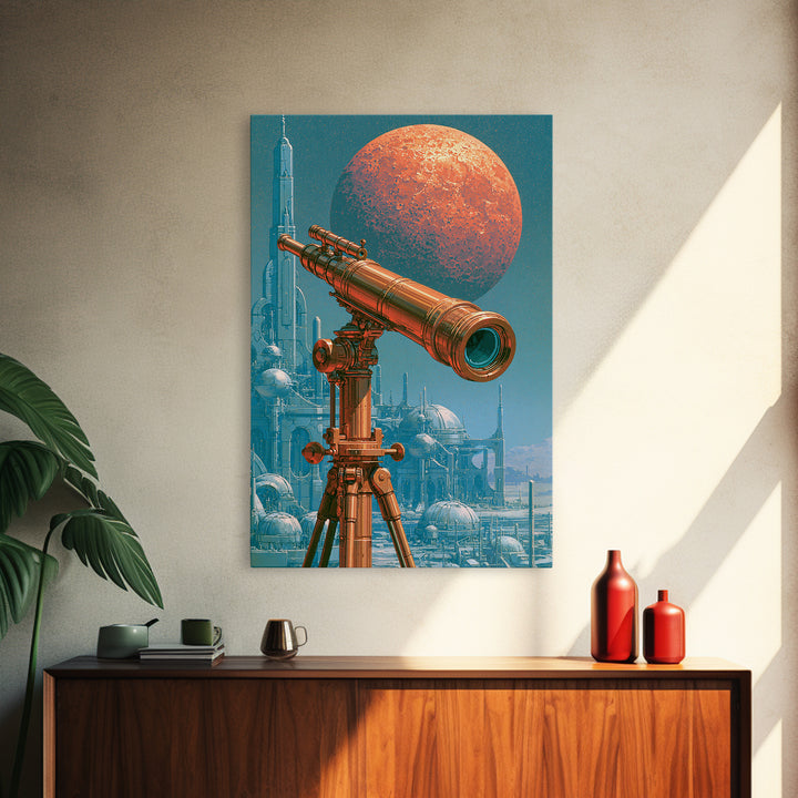 Brass Telescope Aimed at Copper Moon Canvas Print, Steampunk Art, Statement Artwork, Living Room Decor, Fine Art, Mechanic, STE-2x3-32