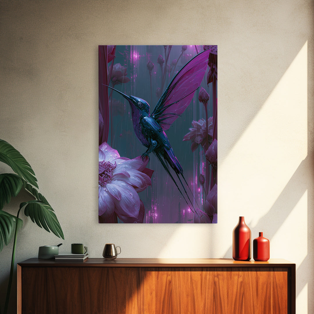 Mechanical Hummingbird Hovering Near Flower Framed Canvas Print, Steampunk Art, Canvas Art, Living Room Decor, Mechanic, STE-2x3-41