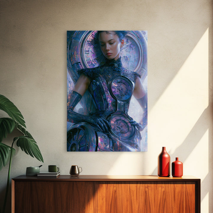 Victorian Lady with Clockwork Dress Details Canvas Print, Steampunk Art, Digital Print, Living Room Decor, Fine Art, Mechanic, STE-2x3-49