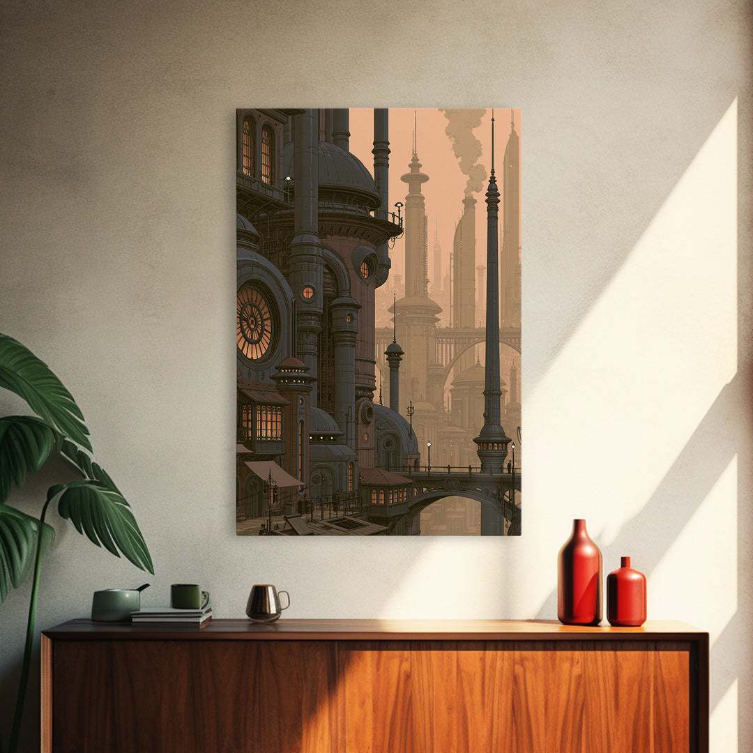 Steam Powered City Skyline Canvas Print, Steampunk Art, Original Art, Living Room Decor, Abstract Art, Mechanic, Cat Art, STE-2x3-5