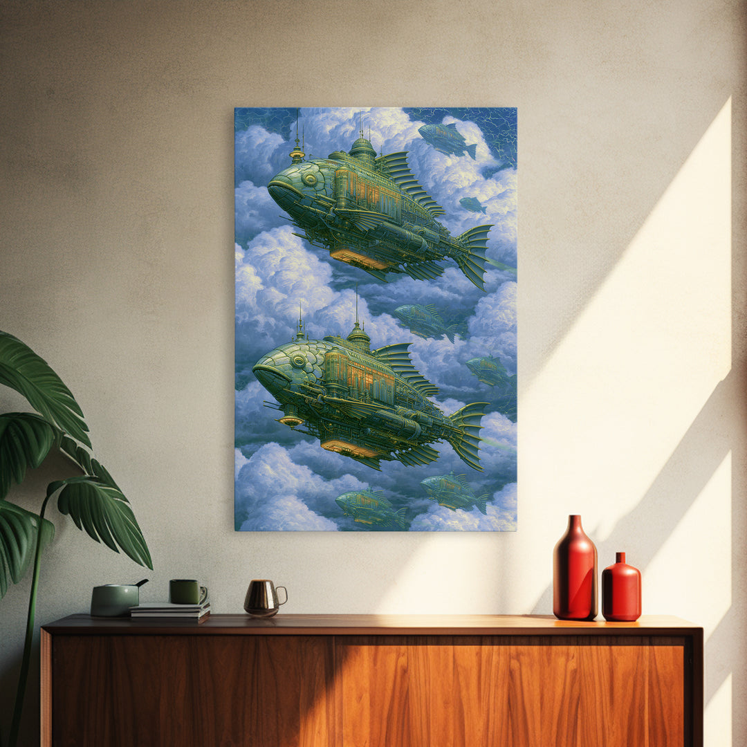 Mechanical Fish Swimming Through Clouds Canvas Print, Steampunk Art, Halloween Decor, Living Room Decor, Fine Art, Mechanic, STE-2x3-54
