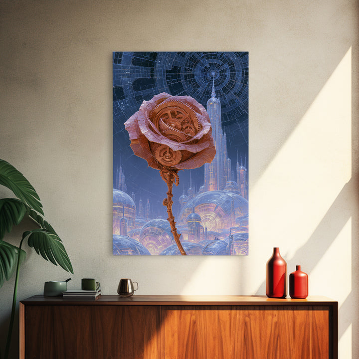 Mechanical Rose Made of Copper Gears Framed Canvas Print, Steampunk Art, Printable Art, Living Room Decor, Oil Painting, STE-2x3-59
