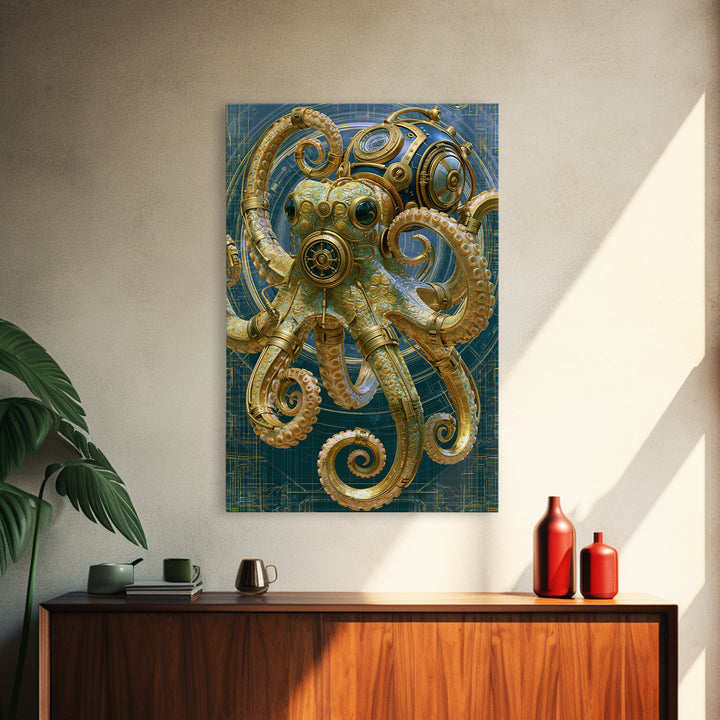 Steampunk Octopus with Brass Tentacles Canvas Print, Steampunk Art, Boho Wall Art, Living Room Decor, Fine Art, Mechanic, STE-2x3-61