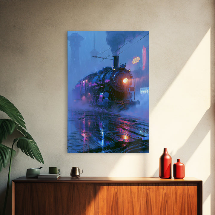 Steam Locomotive Racing Through Fog Canvas Print, Steampunk Art, Canvas Art, Living Room Decor, Abstract Art, Mechanic, STE-2x3-62
