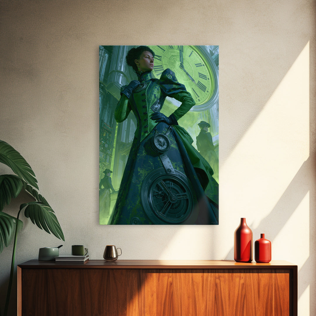 Victorian Lady with Clockwork Dress Details Framed Canvas Print, Steampunk Art, Whimsigoth Decor, Living Room Decor, Mechanic, STE-2x3-73