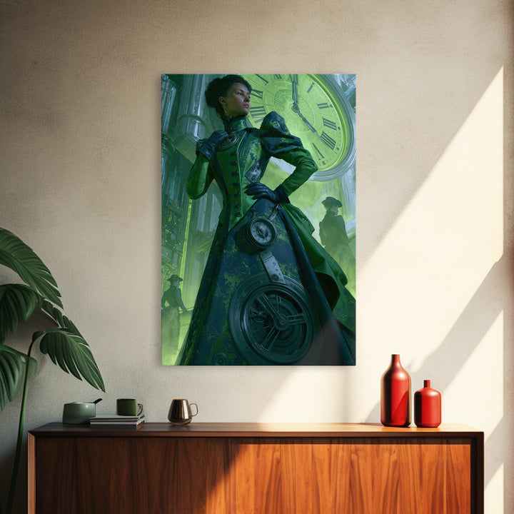 Victorian Lady with Clockwork Dress Details Framed Canvas Print, Steampunk Art, Whimsigoth Decor, Living Room Decor, Mechanic, STE-2x3-73