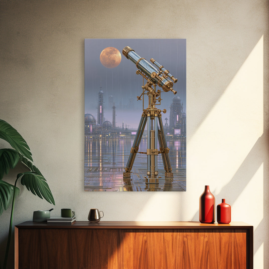Brass Telescope Aimed at Copper Moon Framed Canvas Print, Steampunk Art, Dark Art, Living Room Decor, Oil Painting, Mechanic, STE-2x3-8
