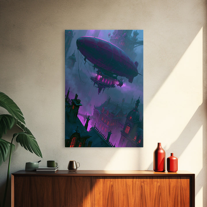 Airship Floating Above Victorian City Roofs Canvas Print, Steampunk Art, Abstract Art, Living Room Decor, Fine Art, Mechanic, STE-2x3-82