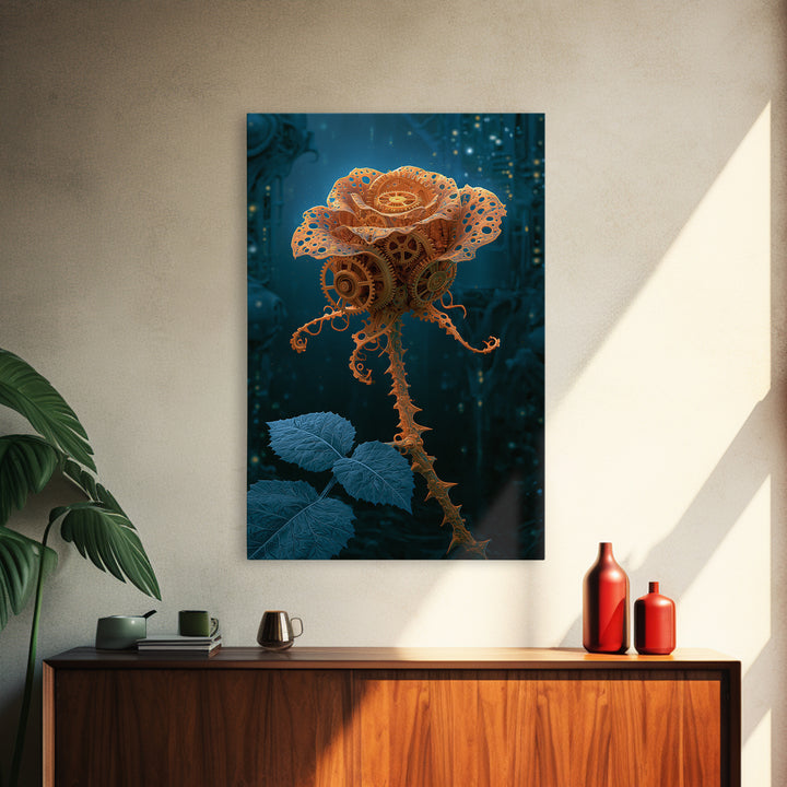 Mechanical Rose Made of Copper Gears Framed Canvas Print, Steampunk Art, Steampunk Lamp, Living Room Decor, Abstract Art, STE-2x3-83