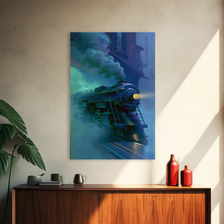 Steam Locomotive Racing Through Fog Canvas Print, Steampunk Art, Canvas Art, Living Room Decor, Abstract Art, Mechanic, STE-2x3-86