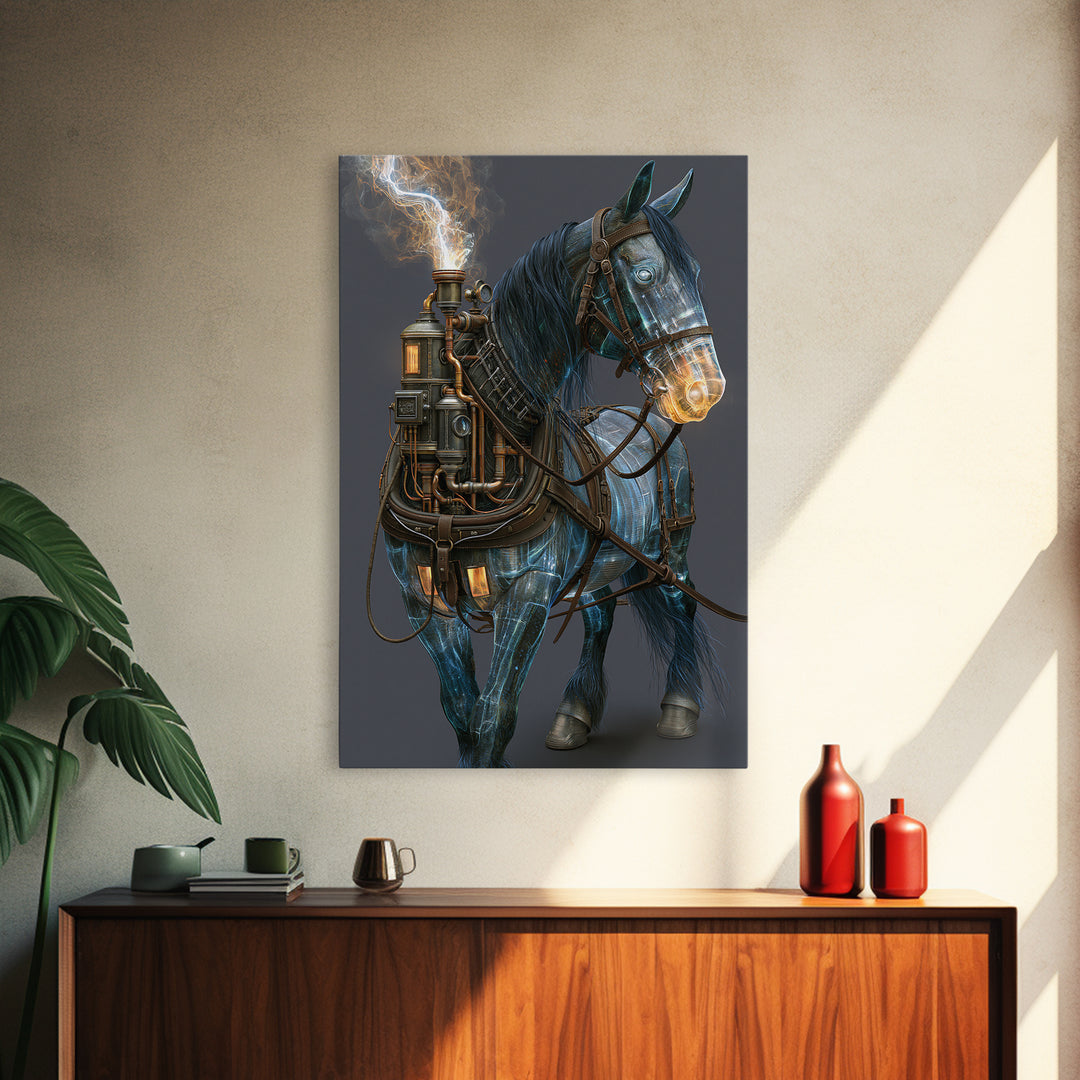 Steam Powered Horse Canvas Print, Steampunk Art, Dark Art, Living Room Decor, Oil Painting, Mechanic, Minimalist Decor, STE-2x3-95