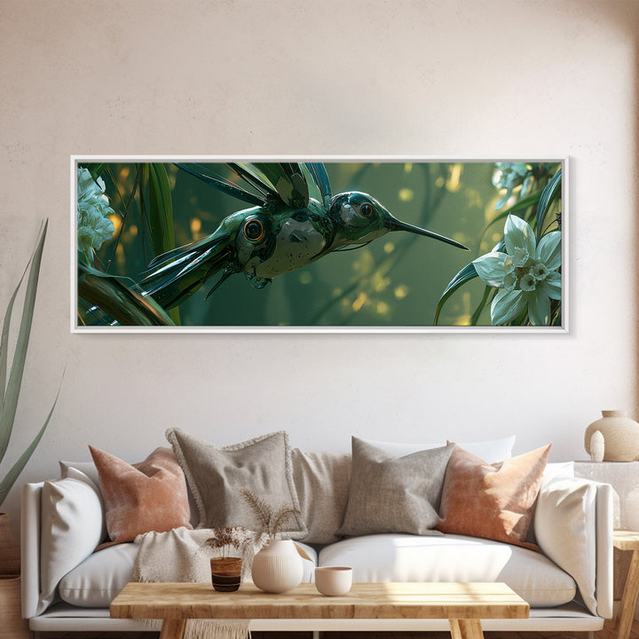 Mechanical Hummingbird Hovering Near Flower Canvas Print, Steampunk Art, Wall Art Living Room, Living Room Decor, Mechanic, STE-3x1-1