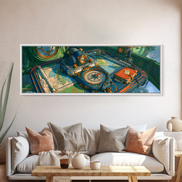 Airship Captain Map and Compass Still Life Framed Canvas Print, Steampunk Art, Digital Art, Living Room Decor, Mechanic, STE-3x1-10